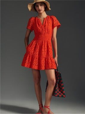 Anthropologie The Somerset Mini Dress: Eyelet Hot Bright Coral Orange Sz XS